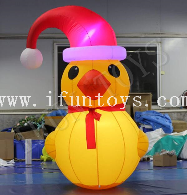 LED Light Inflatable Yellow Duck with Christmas Hat for Christmas Decoration