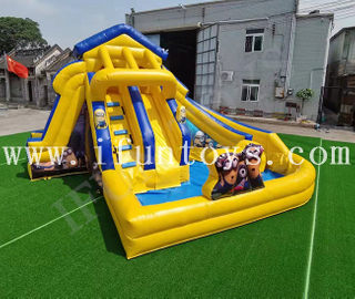 Minions Theme Inflatable Yellow Bouncer Slide with Splash Pool Water Slide Bouncy House Castle with Air Blower for Sales