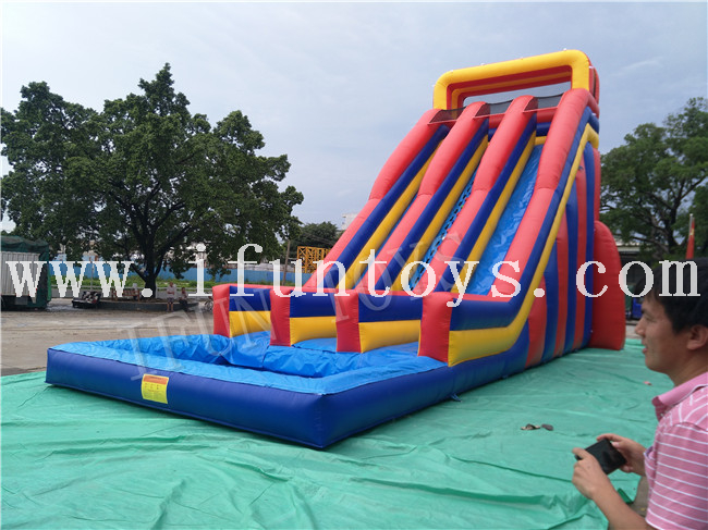 Double Lanes Inflatable Water Slide with Pool / Waterslide Inflatable with Pool for Kids