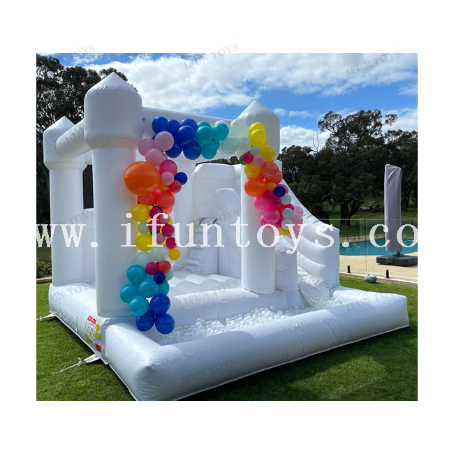 White Inflatable Wedding Castle with Ball Pool / Bouncer Jumping House with Slide for Kids