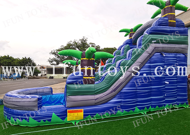 16ft Palm Tree Inflatable Marble Bule Water Slide with Pool / Blow Up Waterslide / Playground Water Slide for Kids And Adults