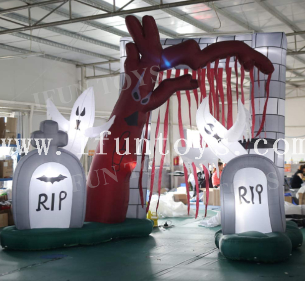 Inflatable Halloween Entrance Archway with Gravestone and Grim Reaper for Yard Decor