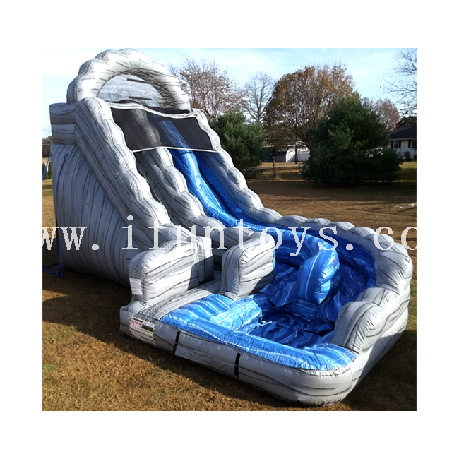 Marble Grey Dual Lane Avalanche Water Slide Inflatable Curve Waterslide with Pool for Backyard