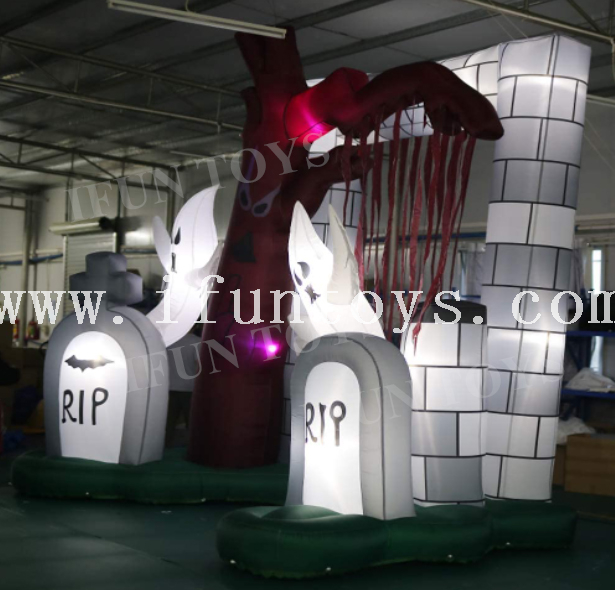 Inflatable Halloween Entrance Archway with Gravestone and Grim Reaper for Yard Decor