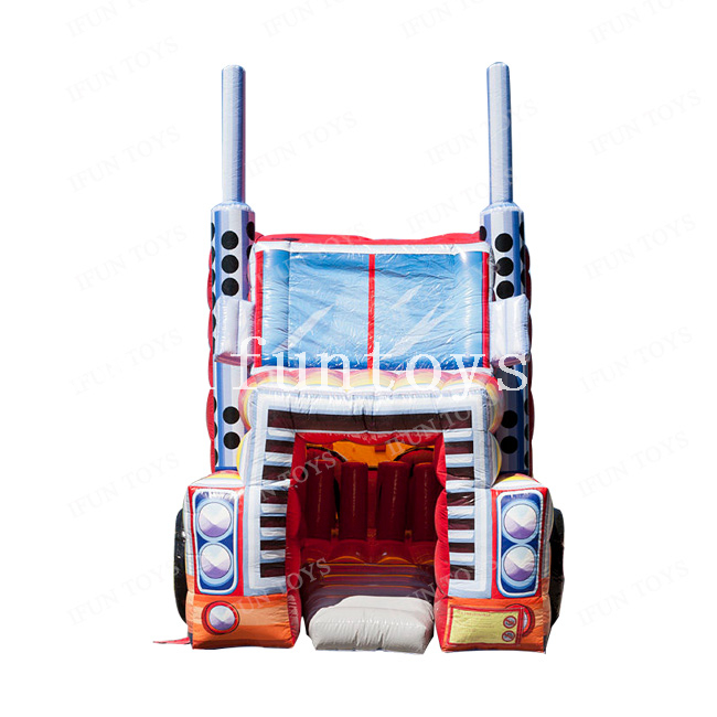 14m long Inflatable Fire Truck Obstacle Course / Inflatble Truck Bounce House Obstacle Run Race Challenge Sport Game 