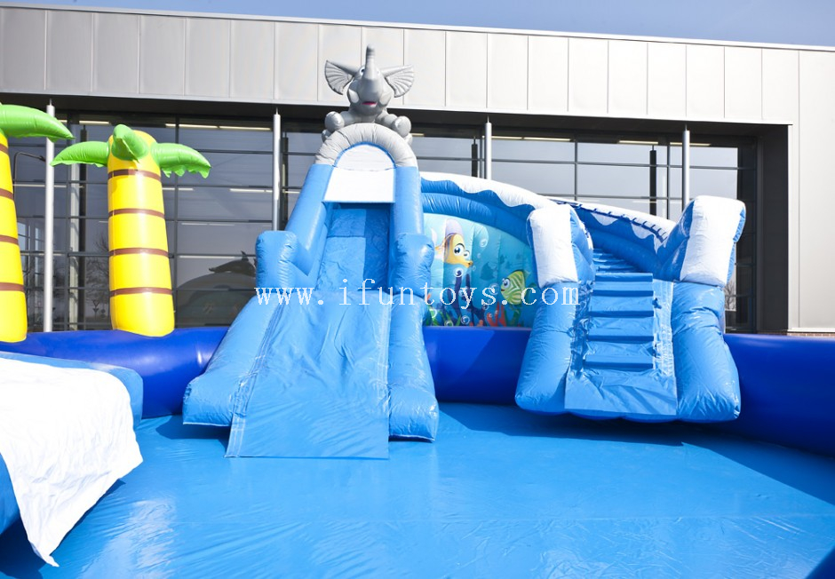  Commercial grade kids dolphin and elephant theme inflatable water park /inflatable water slide with pool for sale