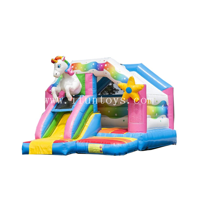 Lovely kids inflatable unicorn jumping bouncy castle /inflatable bounce house combo slide with roof for sale 