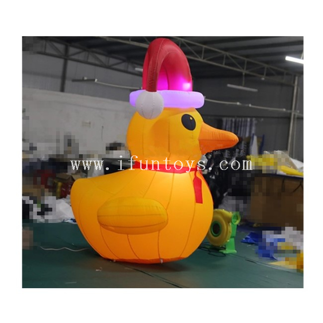 2m Tall Inflatable Yellow Duck for Christmas / LED Light Inflatable Rubber Duck with Christmas Hat